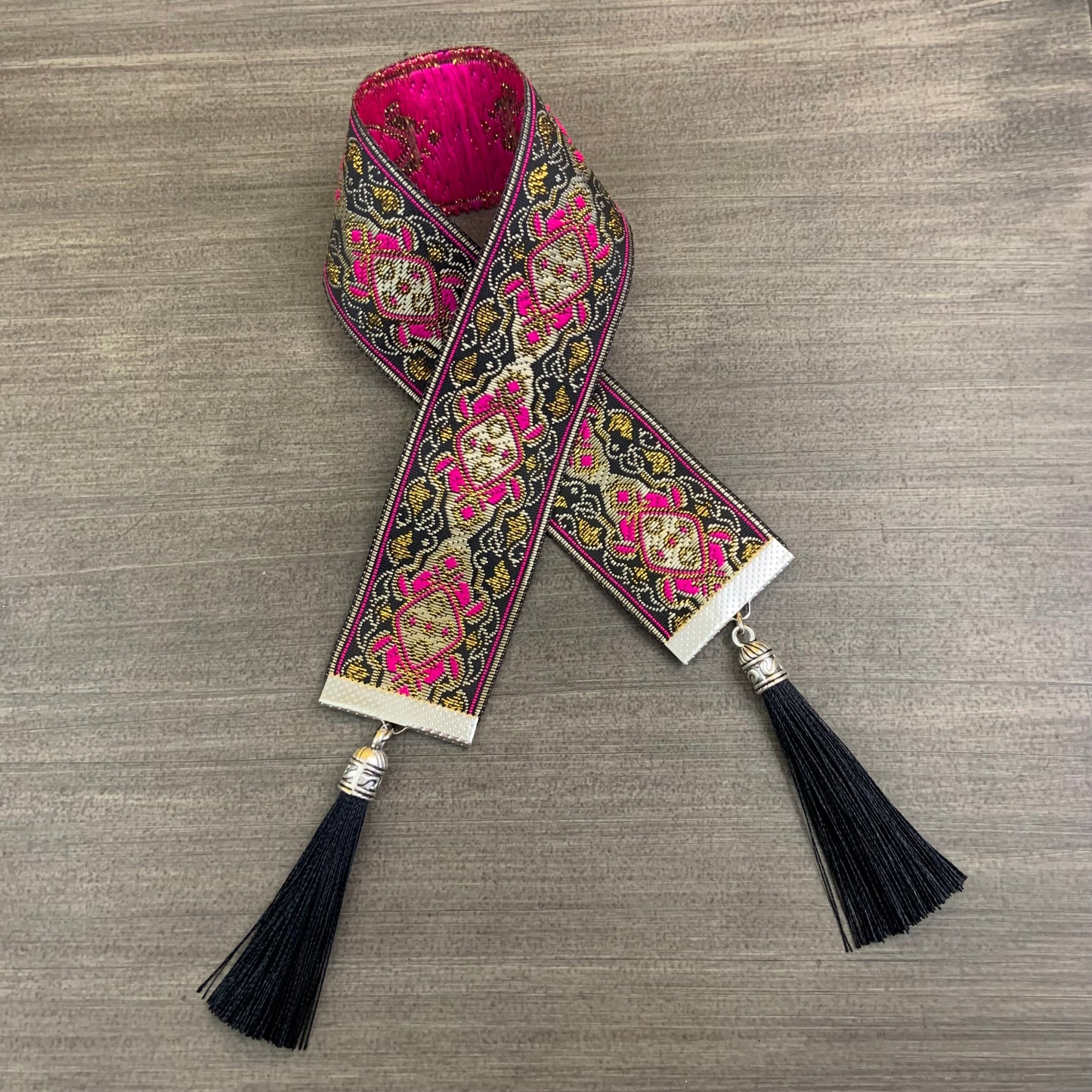 12” Ribbon Bookmark, magenta, black and gold pattern with violet tassels