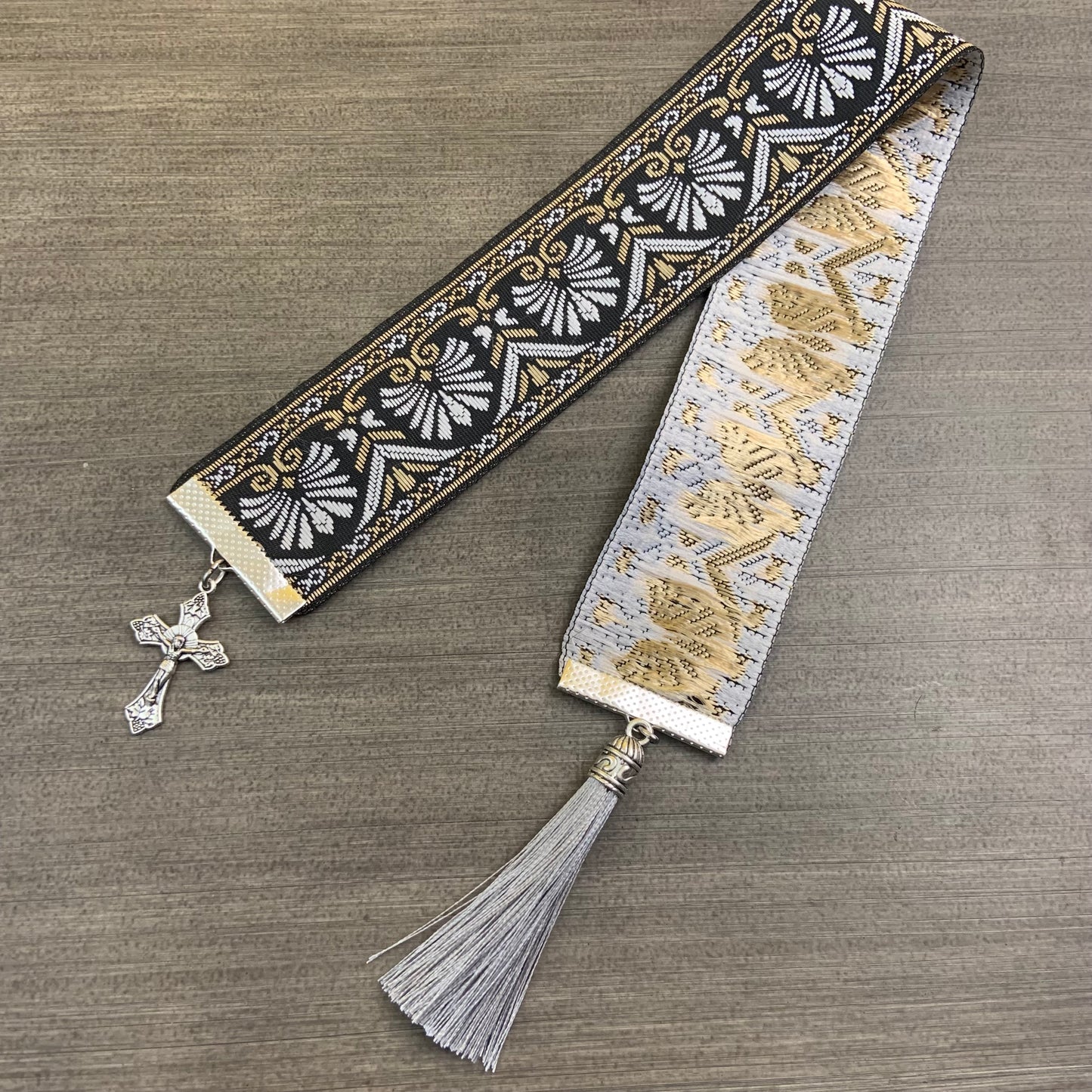 12” Ribbon Bookmark, gray black and gold pattern with gray tassel