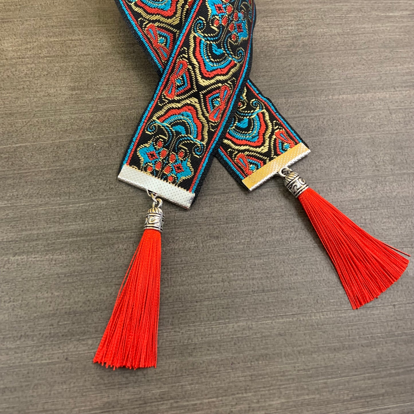 12” Ribbon Bookmark, blue, orange and gold pattern with red orange tassels