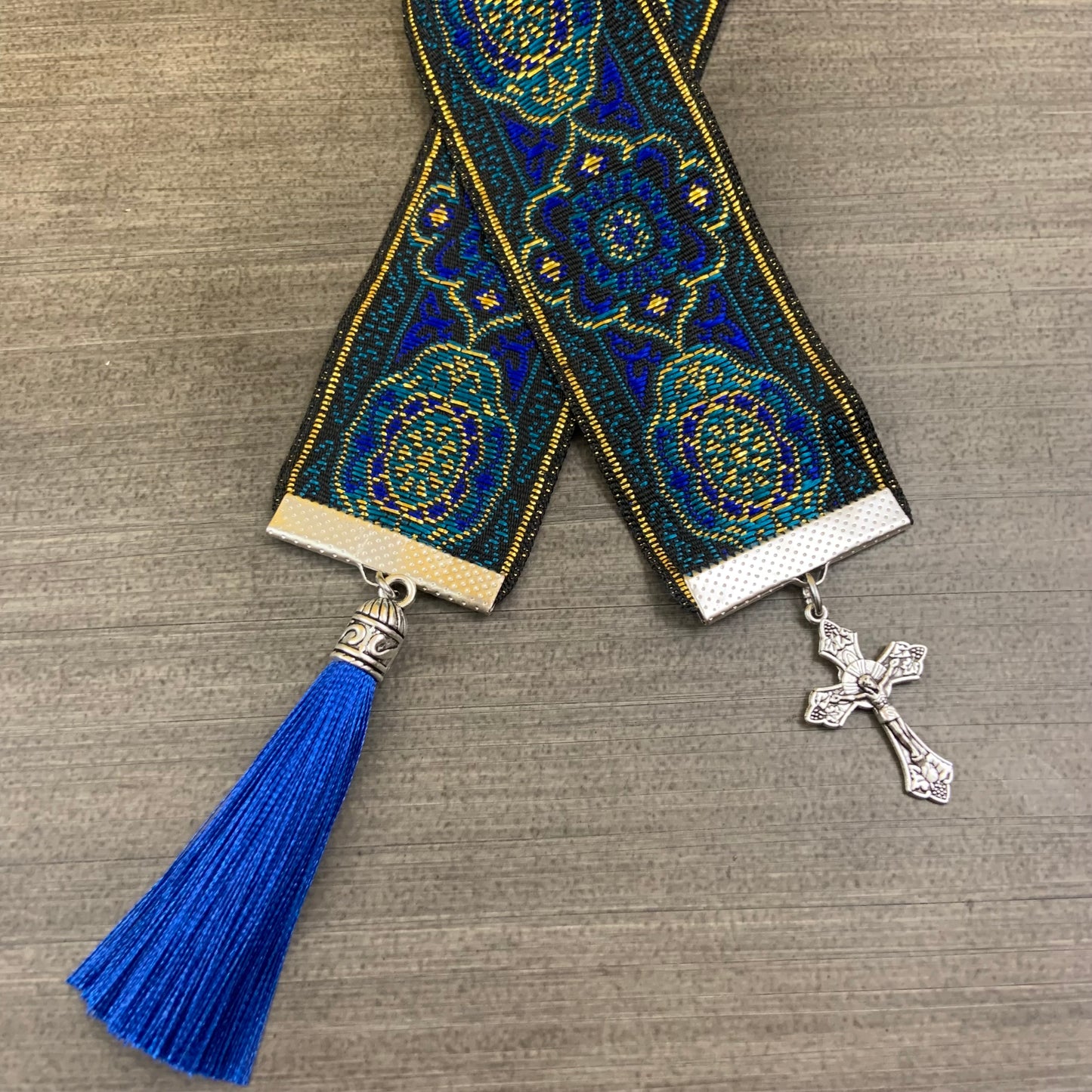 12” Ribbon Bookmark, blue gold pattern ribbon with silver cross and royal blue tassel