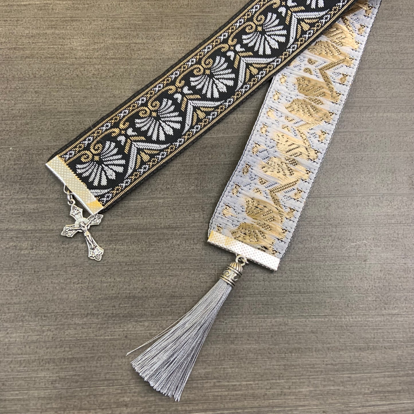 12” Ribbon Bookmark, gray black and gold pattern with gray tassel