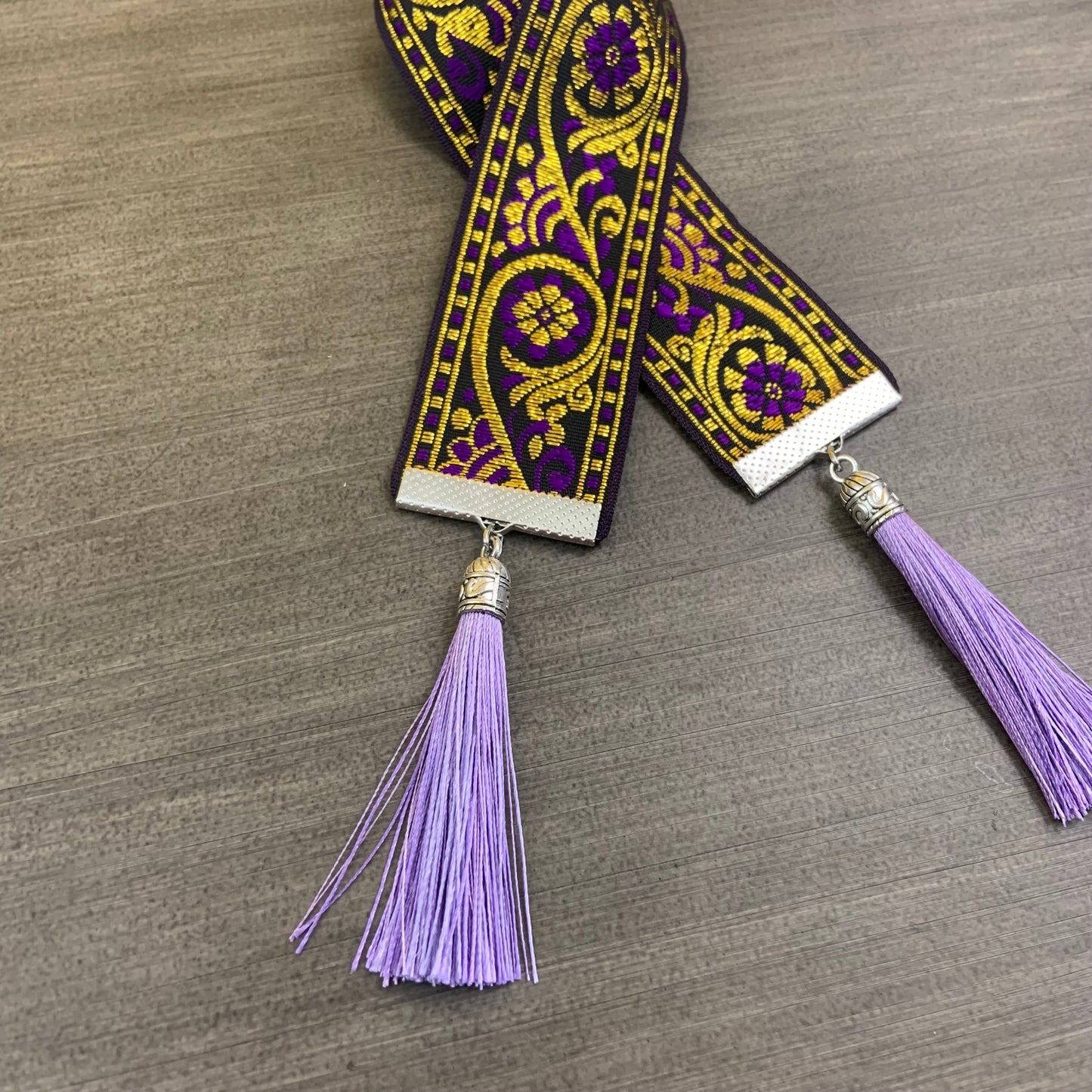 12” Ribbon Bookmark, purple, gold and black pattern with violet tassels