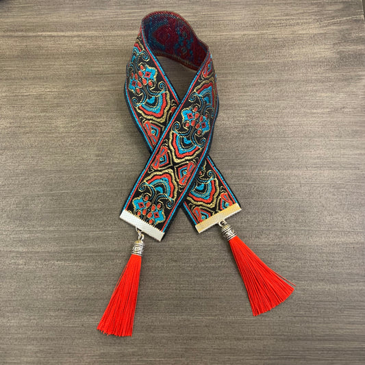 12” Ribbon Bookmark, blue, orange and gold pattern with red orange tassels