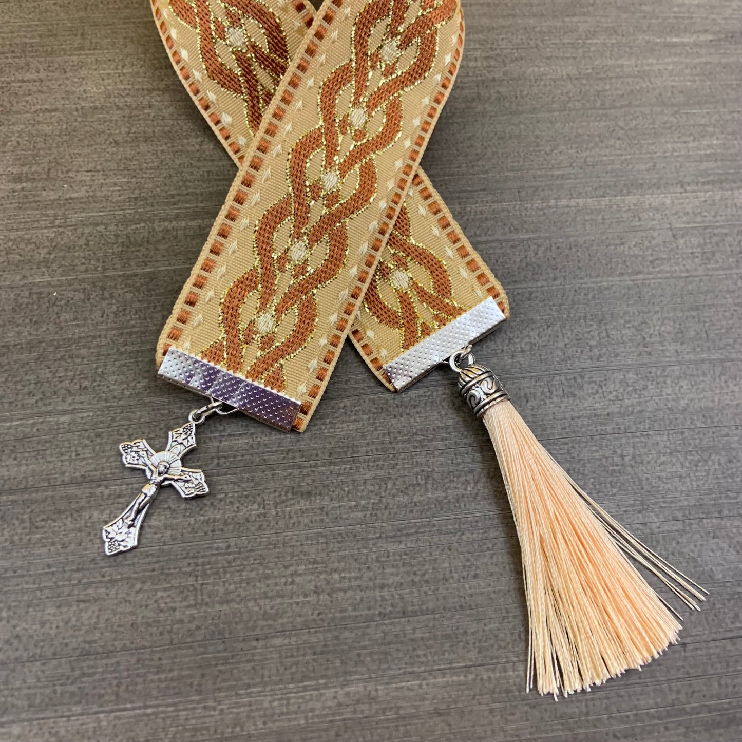 12” Ribbon Bookmark, ochre pattern ribbon with silver cross and tassel