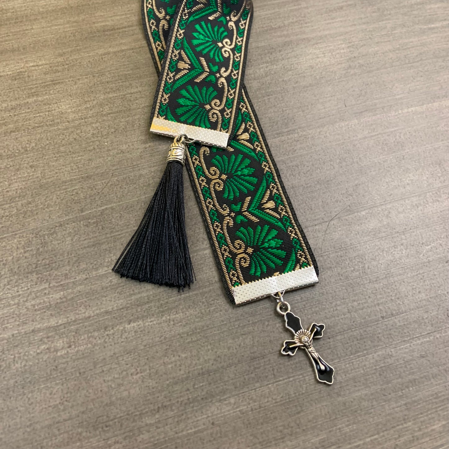 12” Ribbon Bookmark, green and black pattern with black enamel cross